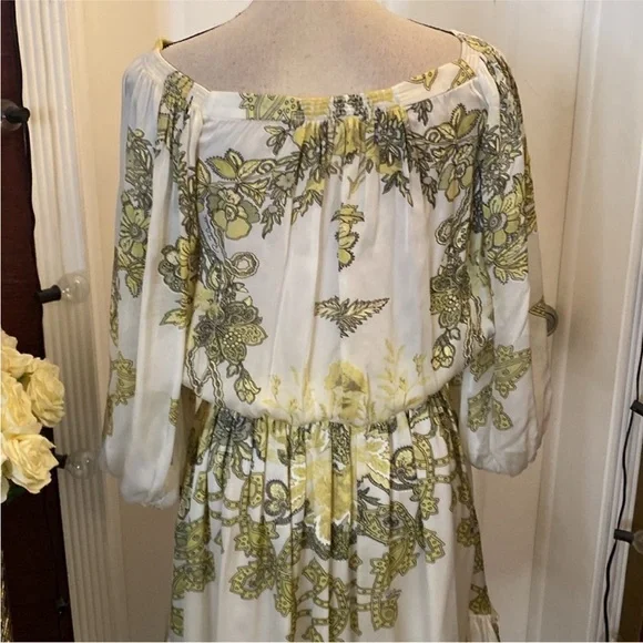 Roberto Cavalli White and Green Off-Shoulder silk Dress,